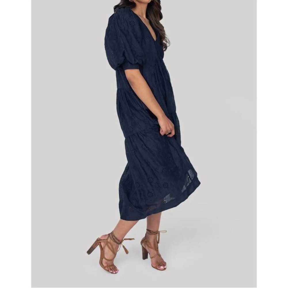 Frame Navy Eyelet PUFF Sleeve Maxi Dress Small Ramie - Picture 5 of 7